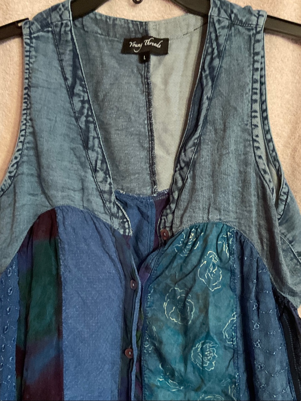 Young Threads Blue Patchwork Denim & Teal Button Front Dress
